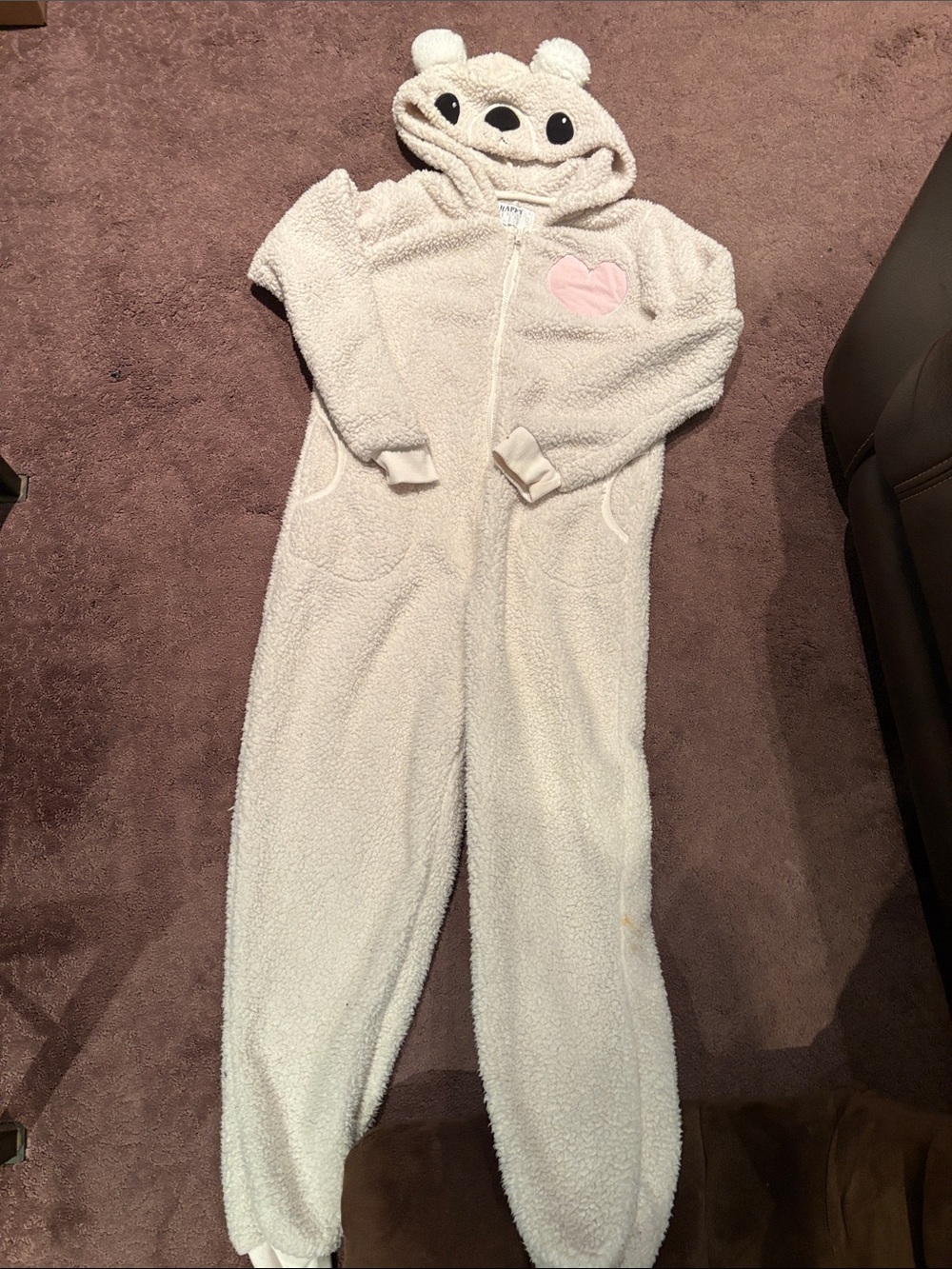 Urban Heritage Cream Fuzzy Bear Hooded Kids Pajamas with Pink Heart